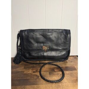 Elliott Lucca‎ Black Leather Crossbody Bag Whipstitch Tassel Braided Strap Boho